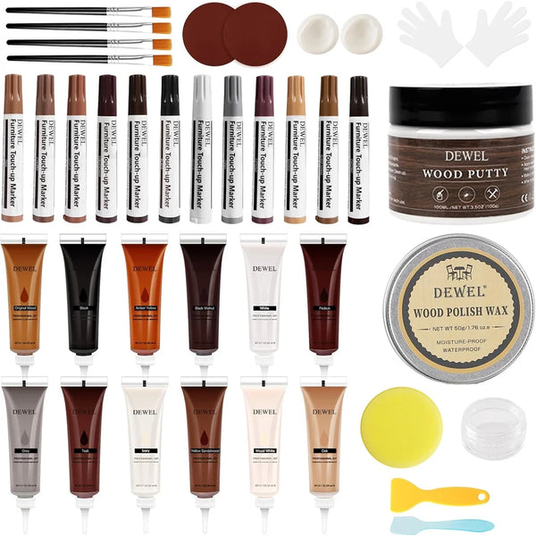 34Pcs Wood Furniture Repair Kit include 12Pcs Wood Filler and Touch Up Markers Wood Putty and Polish Wax Scratch Repair Tool 