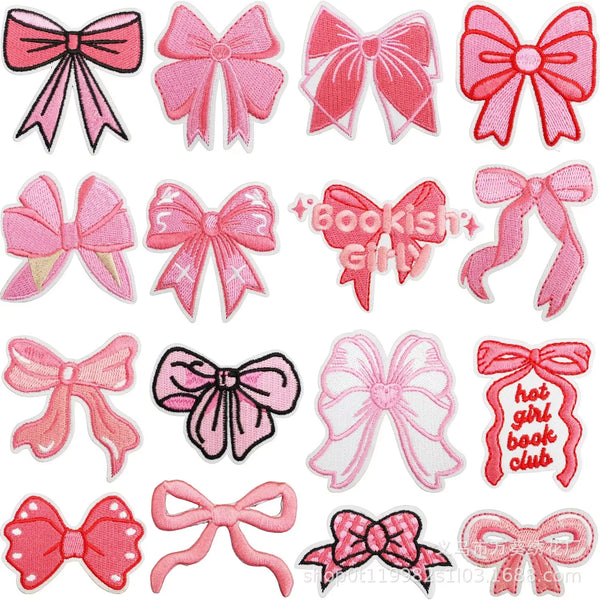 1PCS Pink Bows Embroidered Patches Iron On Clothing Hat Bag Shoe Repair Material Phone Gift Box Decor DIY Accessory