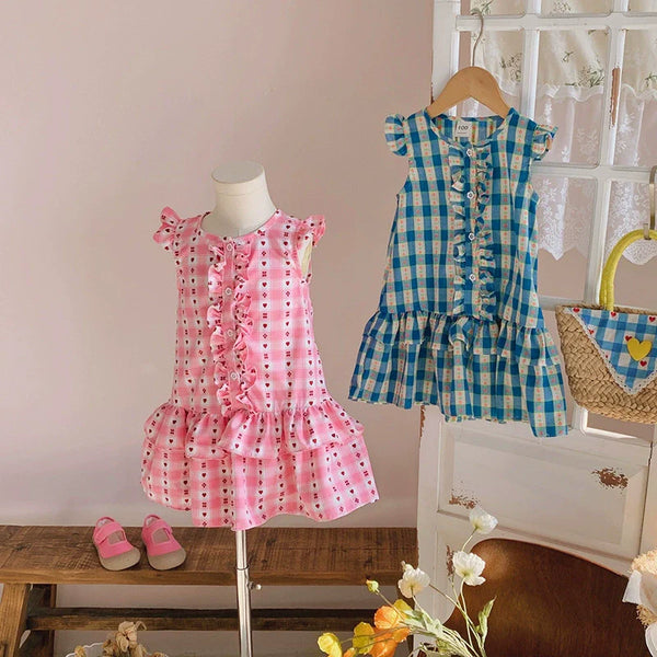 Summer Arrival Plaid Pattern Crew Neck Front-open Sleeveless Dress for Stylish Girls